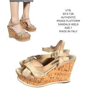 90'S Y2K VTG. AUTHENTIC PRADA PLATFORM SUEDE WEDGES SANDALS HEELS SIZE 7/37